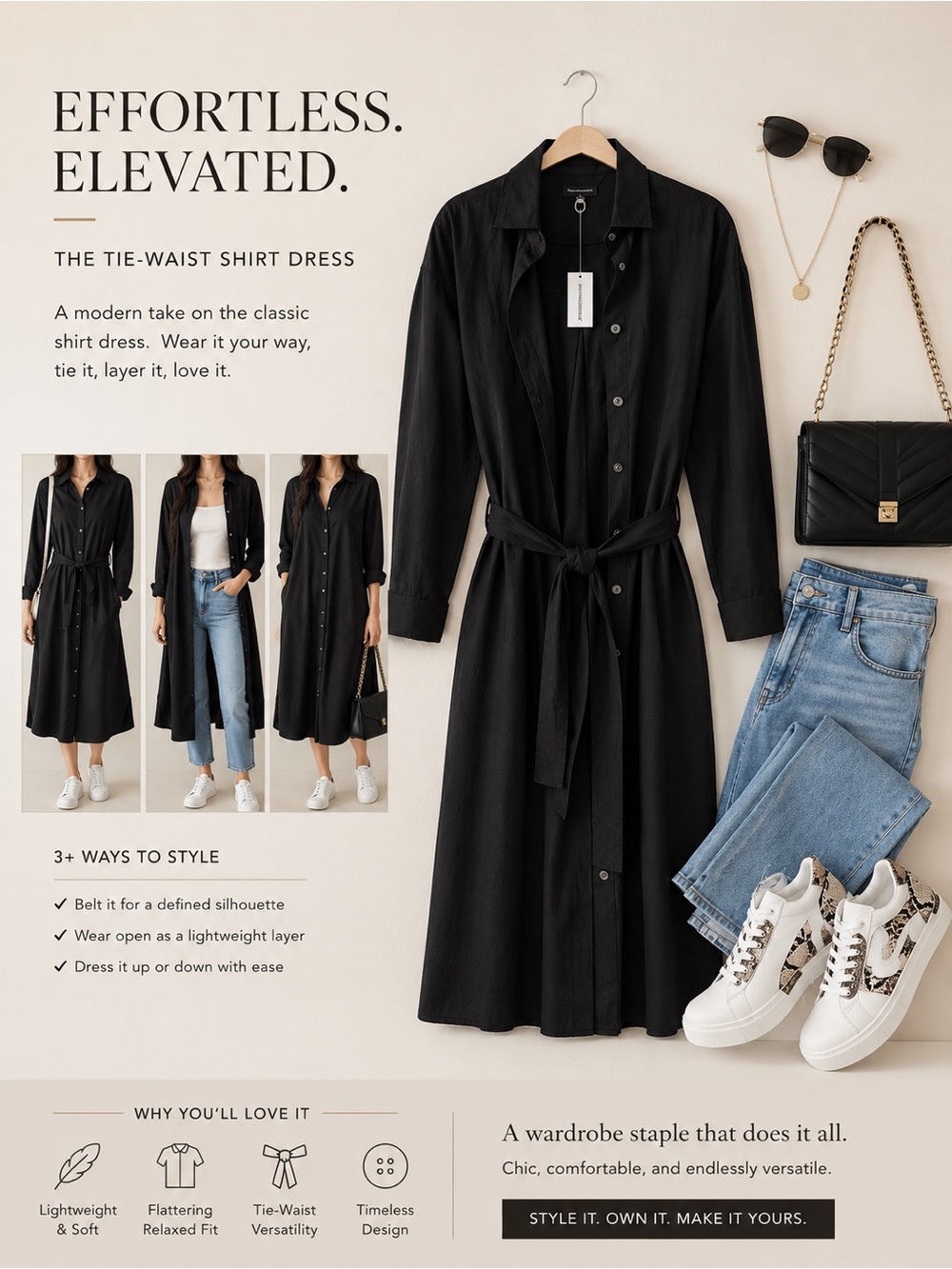 Black Tie-Waist Shirt Dress|Minimalist Button Down Midi Dress|Effortless Chic